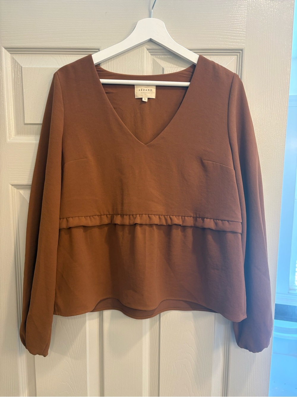 Sezane Rust Brown V-Neck Long Sleeve Peplum Top